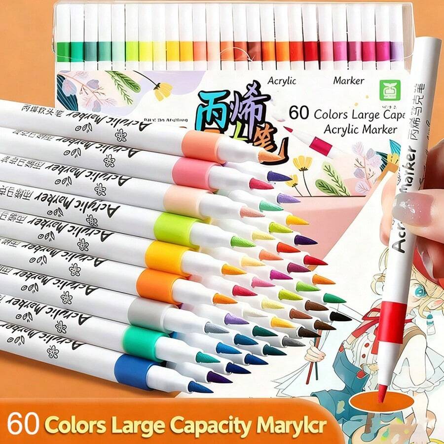 24/36/48/60 Colors Acrylic Markers, Marker Pen Set,Durable, Fade-Resistant, Perfect For Artist Painting, Illustrations, Handcrafted Art,School Back-To-School Season For Coloring Books And Other DIY Projects,Suitable For Paper, Fabric, Wood, Rocks, Plastic, Glass, Ceramics, Pumpkins, Etc., Acrylic Paint Marker Pens For Students And Adults, Thanksgiving, Halloween, Christmas Gifts - Acrylic Marker - 查看 1