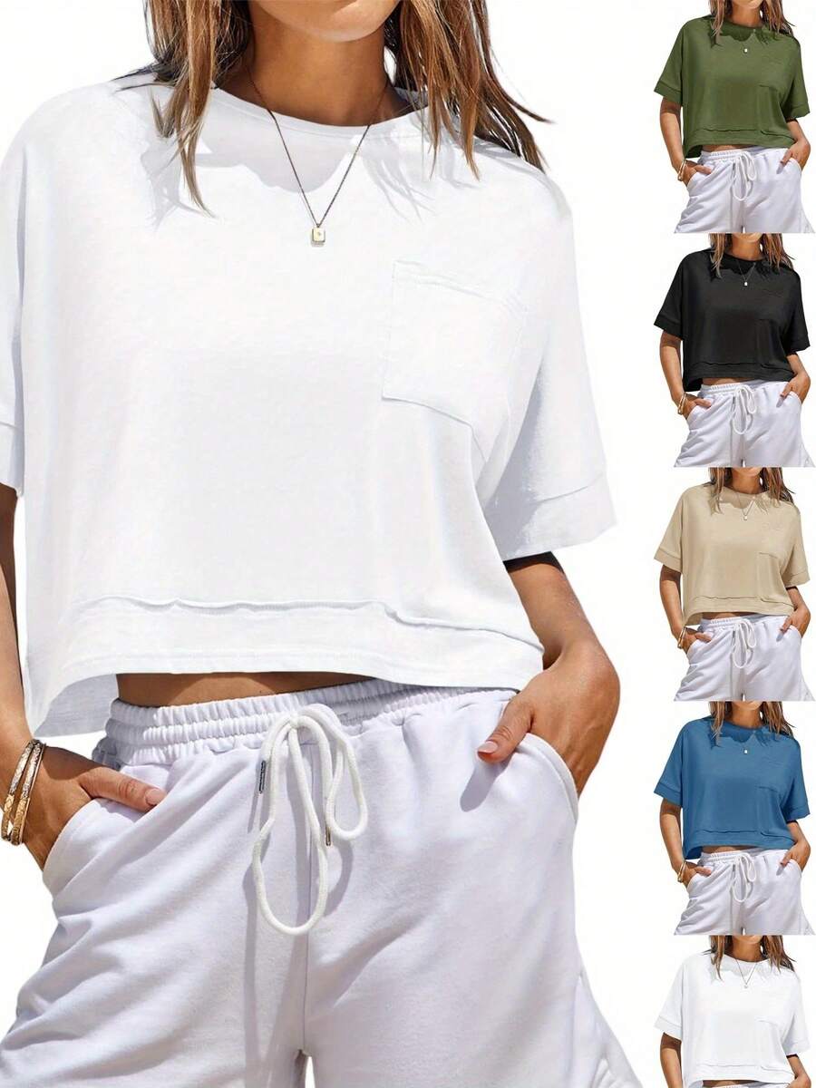 Womens Oversized Crop Tops Workout Short Sleeve T Shirts Summer Casual Loose Fit Basic Tee Shirts With Pockets - trắng - Xem 1