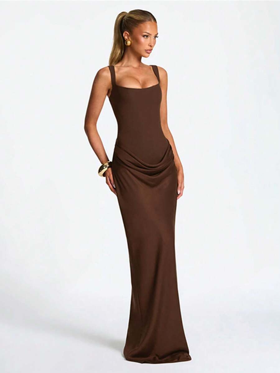 Women Sexy Elegant Backless Maxi Dress Satin Patchwork Spaghetti Strap Bodycon Dress Low Cut Square Neck Dress Club Dress Weeding Guest Cocktail Party Dress Valentines Day Summer Cloth - Brown - View 1