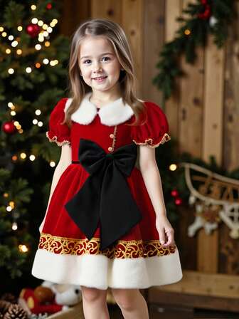 圣诞泡泡袖彼得潘领薄纱连衣裙，女童派对礼服，配蝴蝶结，天鹅绒材质
