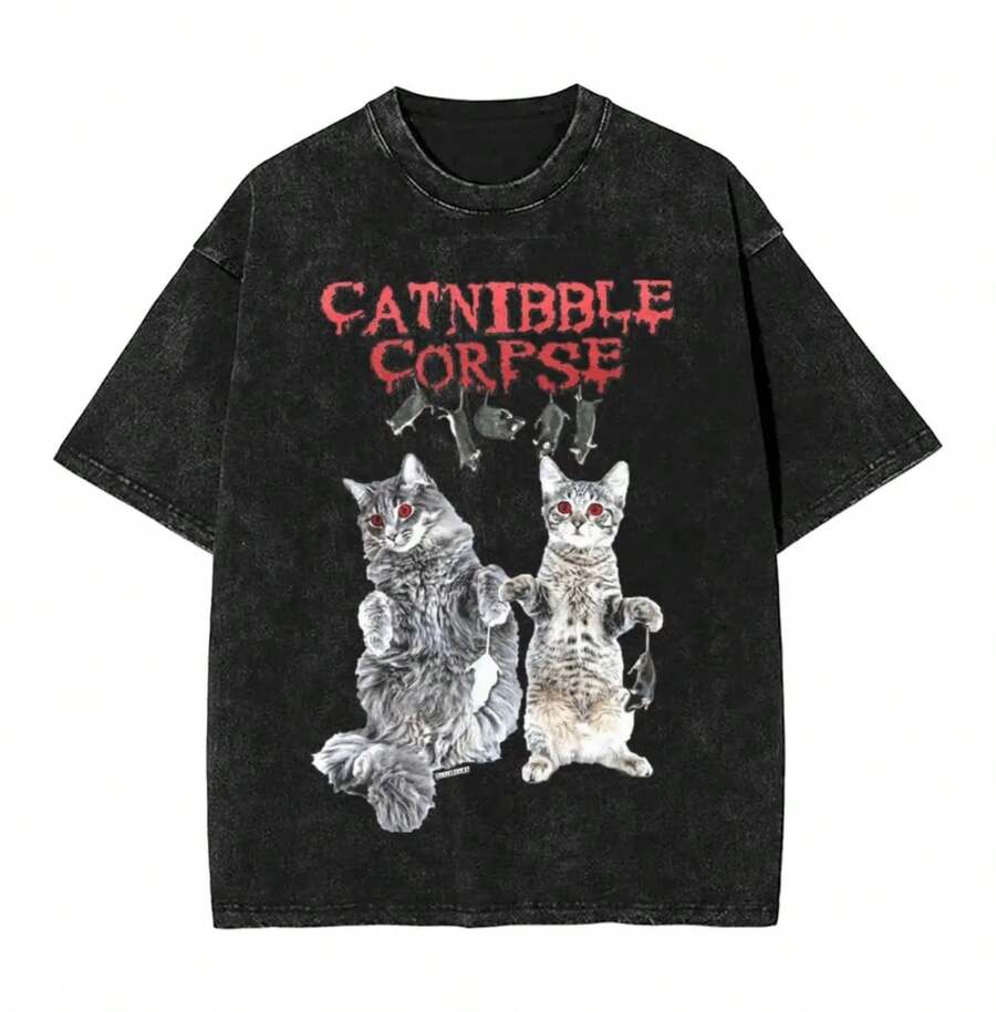 Washed T Shirt Catnibble Cannibal Corpse Hip Hop Vintage T-Shirt Oversize Streetwear Summer Tops Tee Shirt For Men Women - 黑色 - 查看 1