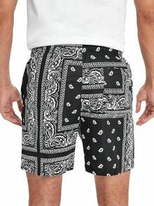 Men's Boho Paisley Print Drawstring Waist Summer Shorts With Pocket - Black Ink White - View 6