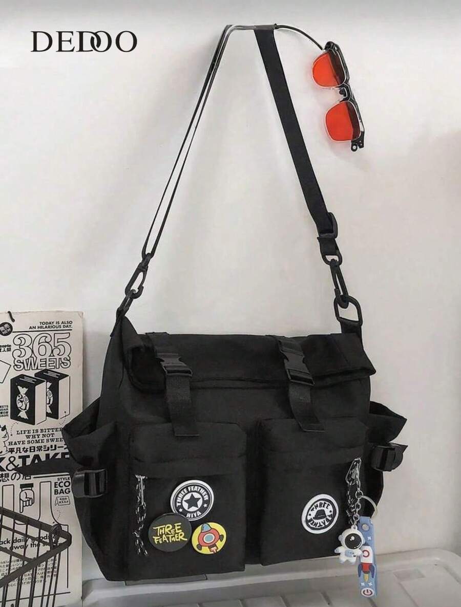 Fashionable Building Simple Crossbody Bag With Multiple Bag Openings And Buckle Straps, Large Capacity Suitable For Commuting To And From School, College Tourism(Randomly Send Out Astronaut Keychains, So The Ones Received May Or May Not Have Them.) - màu đen - Xem 1