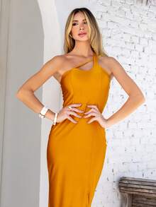 Elegant One-Shoulder Midi Sheath Dress For Parties, Simple, With Asymmetrical Zipper, Split Detail, For Weddings. - 金色 - 查看 2