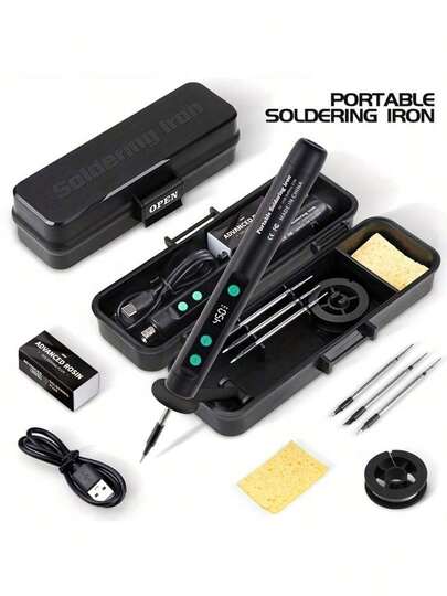 USB或电池供电电烙铁套装，带可调温控、液晶显示屏、锂离子充电电池和收纳盒 - 便携式烙铁架，15W高效焊接功率
