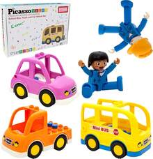 PicassoTiles cifras magnéticas de 5 piezas de vehículo y cifras de acción, incluyendo autobús escolar, coche, camión y 2 conductores, paquete de expansión magnética, kit de juguete para niños pequeños, juego de simulación para bloques de construcción - 1 - Ver 10