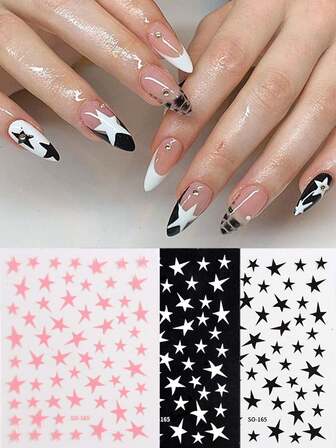 3件套黑白粉星形美甲贴纸爱心美甲挂件自粘滑块银色镀铬凝胶抛光贴花可爱饰品
