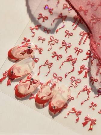 1 pieza Pegatinas de arte de uñas 5D en color rosa, blanco y negro con moños, lazos y pajaritas, decoración autoadhesiva para manicura