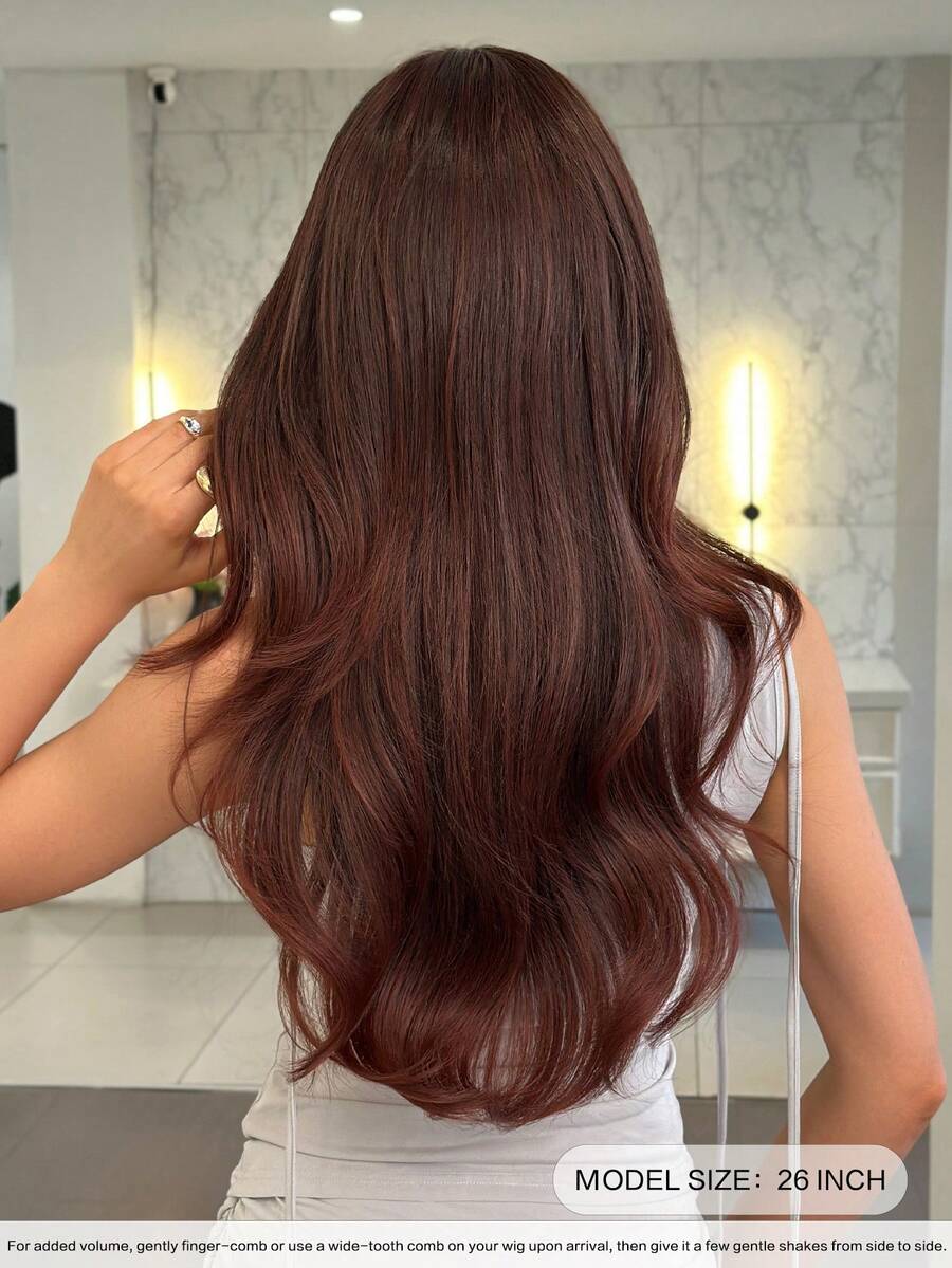 7JHH WIGS 高品质26英寸长波浪卷发酒红色挑染假发 - 优雅蓬松合成波浪卷刘海假发 - 初学者无胶耐热纤维全机织假发，适合女性日常佩戴、派对、街头角色扮演等场合 - 挑染紅色 - 查看 1