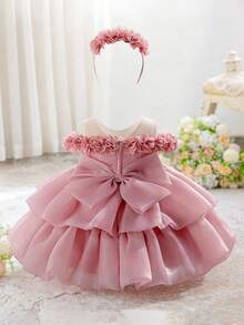 Baby Girls Sleeveless Lace Ruffled Back Bow Organza Cute Puff Flower Girl Dress, Suitable For Wedding, Birthday Party, Outing - Dusty Pink - View 5