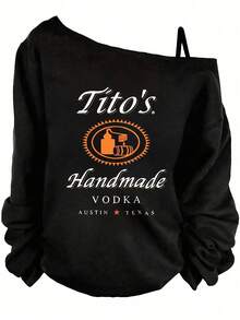Black Off - The - Shoulder Sweatshirt With Tito's Handmade Vodka Logo & Text, Orange Circular Bottle & Cask Logo, AUSTIN TEXAS Red Star Design - Casual Fashionable Crew Neck Top For  Wear- Plus Size Asymmetric Neck Long Sleeve Sweatshirt - Women's Fall Top - Women's Winter Outfits: Elegant Conjunto De Mujeres + Flowy Top, Blusas & Top Negro - 黑色 - 查看 6