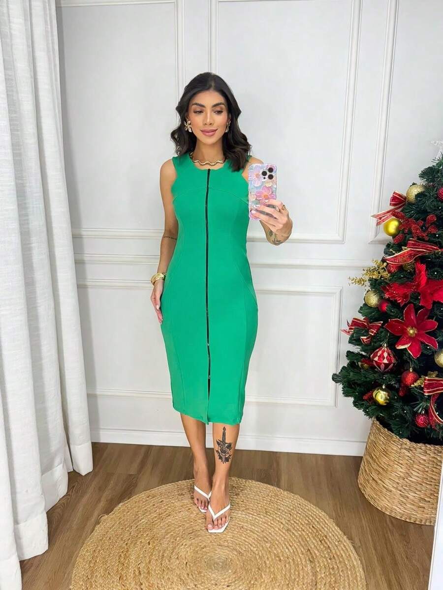 Midi Dress With Wide Straps, Front Zipper, And Structured Stitching. Suitable For Holidays, Vacations, And Evenings. - 綠色 - 查看 1