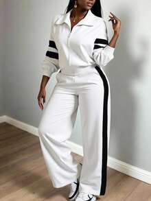 大码女式休闲运动街头风立领拉链长袖卫衣和阔腿裤两件套，新款黑白撞色运动套装，休闲沙滩运动卫衣连帽衫，适合户外、办公室、居家、机场、春秋季、毕业典礼、返校、教师装等场合，宽松长袖上衣搭配阔腿裤，尽显优雅气质。 - 白色 - 查看 5