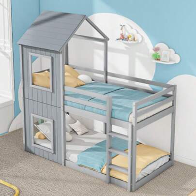 90*200cm Etagenbett, Kinderbett, Hausbett Für Mädchen Und Jungen, Mit Leiter & Baldachin, Bodentief, Massivholz, Grau[OLD SKU:3071489HAA]