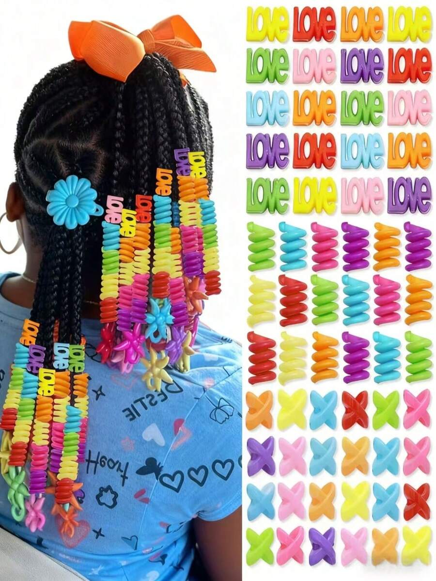 60件套亮丽“LOVE”字母螺旋发饰套装，甜美又不失嘻哈风发珠 - 适合作为礼物、派对、表演、生日派对、新年礼物、斋月礼物、日常佩戴 - 紅色 - 查看 1