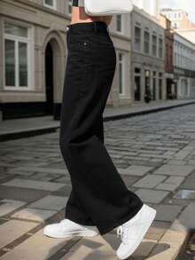 Women's Black Pocket Casual Versatile Straight Leg Jeans, Suitable For Autumn/Winter Wear, Can Be Paired With For Halloween Spring - Black - View 3