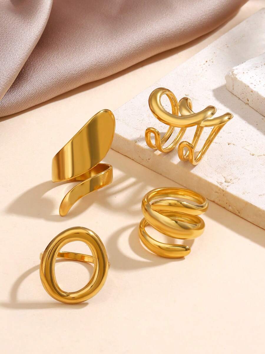 4枚不锈钢几何夸张厚戒指，适合女性日常及派对佩戴 - 彩色 - 查看 1