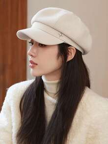 Beretă elegantă la modă unică pentru femei, culoare simplă, cu stea cu patru colțuri și pălărie de vânzător de ziare - Accesorii clasice coreene de înaltă calitate, material moale și prietenos cu pielea, cu detalii decorative rafinate cu stea cu patru colțuri, protecție solară, față subțire, depozitare convenabilă, confortabilă și versatilă, purtare zilnică - MM1049 - Vizualizare 1