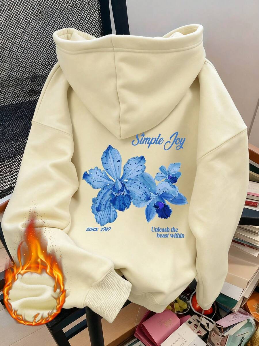 女士印花长袖抽绳连帽卫衣,带口袋,休闲宽松套头衫,时尚冬季服装,适合日常穿着 - 淺杏 - 查看 1