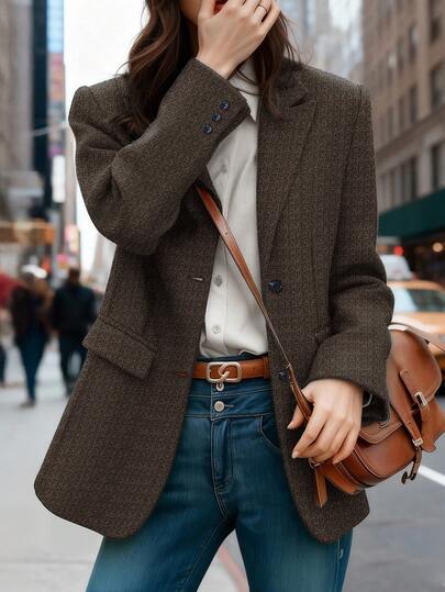 HOMEYEE Long Sleeve Jacquard Fabric Blazer With Contrast Cuffs, Vintage Casual Elegant Business Office OL Top Spring