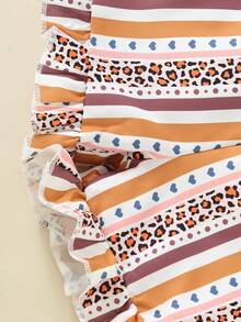 2pcs Young Girl Ruffle Trim Rainbow Print Top And Striped Print Ruffle Trim Shorts Set, Summer - Brown - View 6