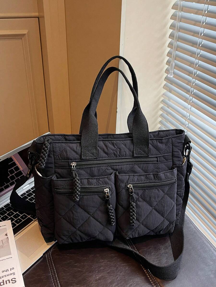 黑色棉质绗缝刺绣女士手提包，多口袋实用多功能单肩包，轻便可折叠大容量手提包，适合大学/学校/工作/旅行使用。 - 黑色 - 查看 1