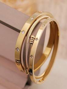 3条/1条18K镀金不锈钢四叶草手链，适合女士派对及日常佩戴，欧美风格，个性化定制，大方奢华，镶嵌立方氧化锆手镯，婚礼首饰套装，送给女孩、女士、亲戚、朋友的礼物，精致的婚礼、生日、情人节礼物