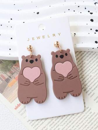 1 par de pendientes de oso con forma de corazón de esmalte suave al horno de acrílico, estilo lindo y animal para el Día de San Valentín, pendientes dulces y encantadores, regalo ideal para vacaciones y fiestas