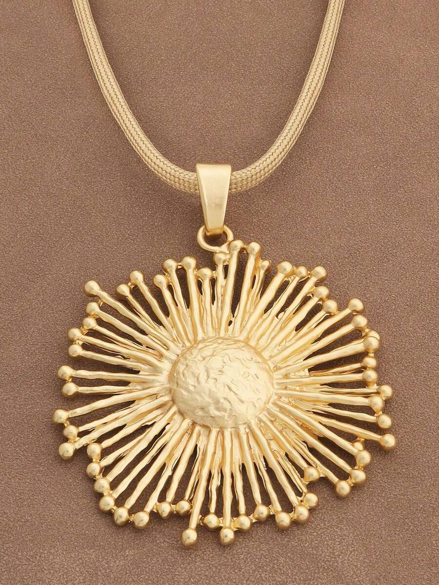 1pc Fashionable Silver & Gold Tone Asymmetric Hollow Square Pendant Necklace, Suitable For Women's Daily Wear, 18 Inches + 2 Inches Extension Chain - Sunflower - View 1