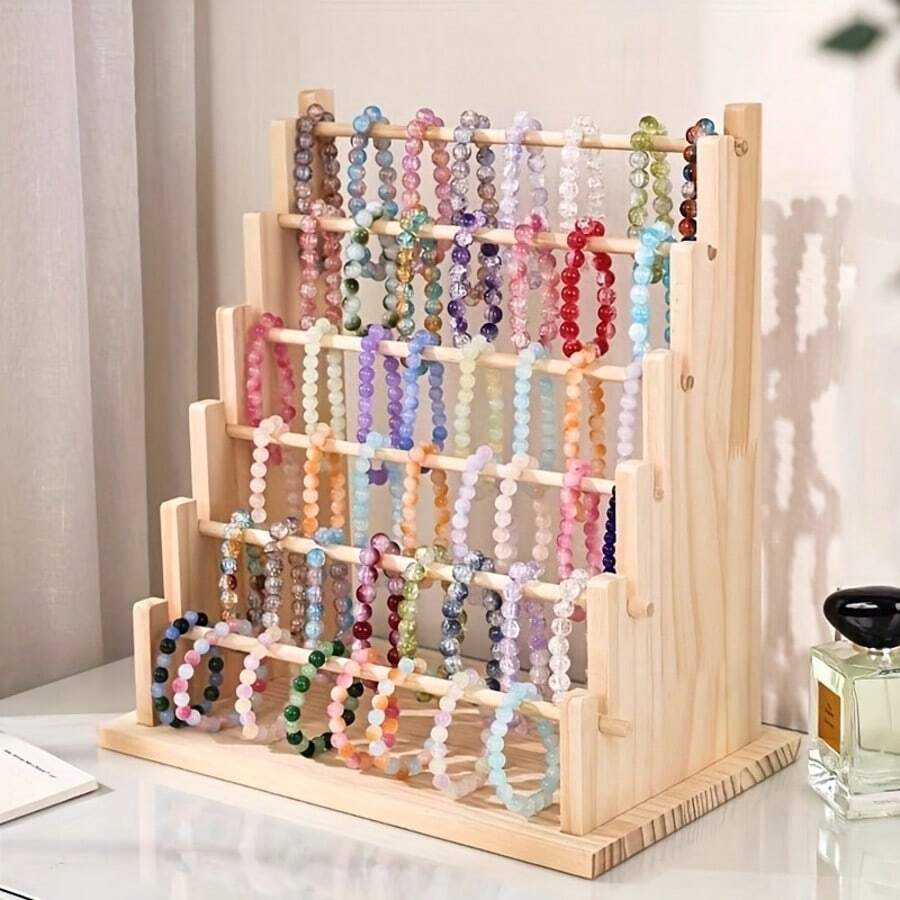 6-Tier Rustic Wooden Jewelry Organizer - Detachable Display Rack For Bracelets, Earrings, Bangles, Watches, Necklaces & Satin Ribbon Spools, Multi-Purpose Storage Stand For Home, Craft Shows, Bakeries & Flower Shops - Mustard Yellow - View 1