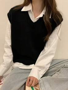 Chaleco de punto con cuello en V de color liso para mujer, adecuado para ocasiones cotidianas. - Negro - Ver 4