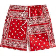 Men's Boho Paisley Print Drawstring Waist Summer Shorts With Pocket - Bright Red - View 1