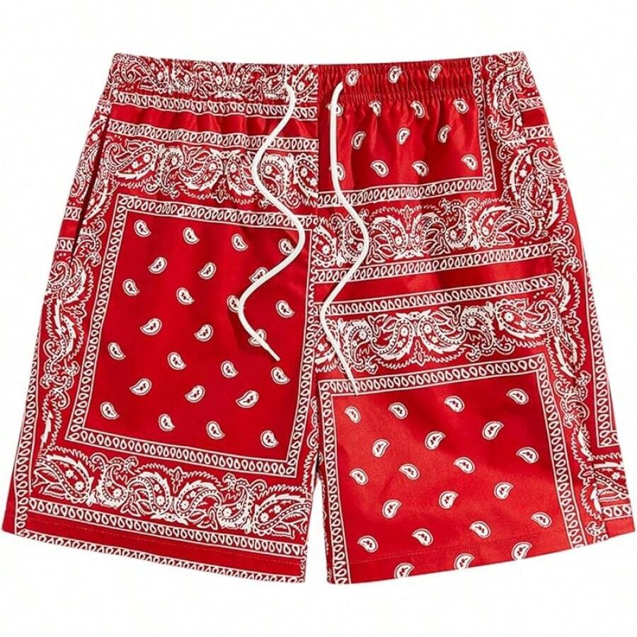 Men's Boho Paisley Print Drawstring Waist Summer Shorts With Pocket - Bright Red - View 1