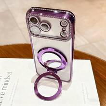 Luxury Shiny Rhinestone Lens Protect PlatingAnti-Drop Case With Shiny Glitter MakeupMirror Ring Holder Bracket Phone Case High Quality Shockproof Bumper BackCover Compatible With IPhone 17 16E 15 14 13 12 11 X XS Max XR Pro Plus Galaxy A02S -A07 A12-A17 A22-A26 A32-A36 A50-A56 S20-S25 Honor Magic OPPO Reno Redmi Infinix Smart - Purple - View 6