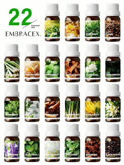 EMBRACEX. 22 Varieties Of Essential Oils, 10ml Rosemary Oil, Sandalwood Oil, Including Cinnamon, Frankincense, Peppermint, Lemongrass, Eucalyptus, Ginger, Tea Tree, Patchouli, Cedarwood, White Musk, Wormwood, Citronella, Black Pepper, Oregano, Aniseed, Bergamot, Neroli, Jasmine, Clove, Clary Sage Oil, 100% Pure Natural, Suitable For Aromatherapy Diffuser, Candle Making, Air Freshener, Gifts For Men & Women, Also For Car Air Freshening, Leather Care