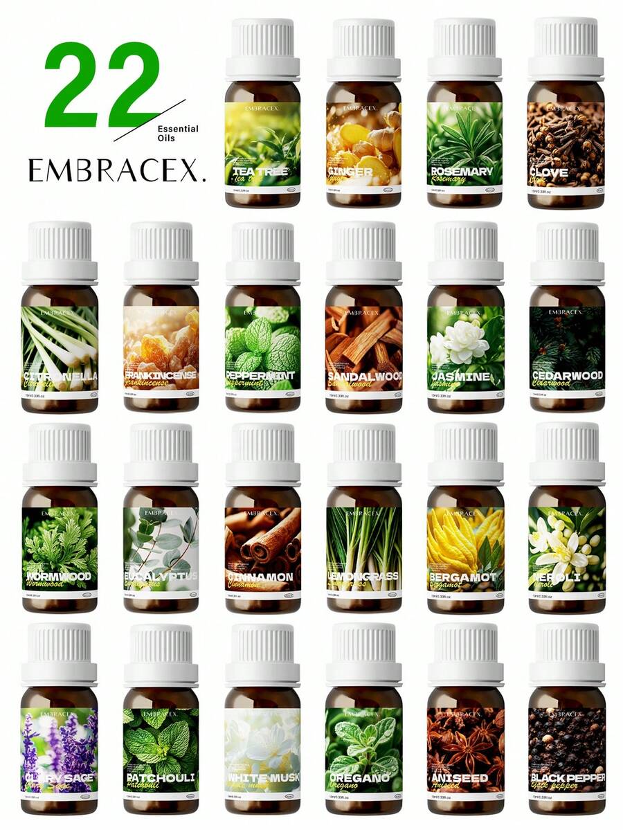 EMBRACEX. 22種植物精油 10ml 迷迭香精油、檀香精油，包含肉桂、乳香、薄荷、檸檬草、尤加利、生薑、茶樹、廣藿香、雪松、白麝香、艾草、香茅、黑胡椒、牛至、茴香、佛手柑、橙花、茉莉、丁香，適用於芳香療法擴香器、蠟燭製作、擴香器、禮品，適合男女使用，亦可用於汽車空氣清新劑、皮革護理等