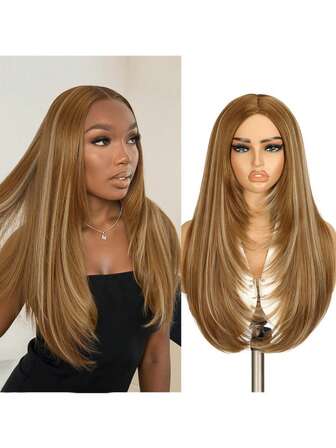 Parrucca dritta a strati lunghi con riga centrale senza frangia, parrucca senza colla pronta da indossare, fibra resistente al calore ad alta densità senza pizzo, adatta per uso quotidiano o per feste, 26 pollici di lunghezza (biondo evidenziato)