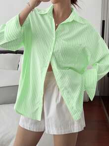 Look Polly 女士条纹长袖衬衫，单排扣休闲时尚，秋季百搭，带口袋设计，适合返校季、复古沙滩感恩节、海滩风、情人节等场合。 - 檸檬黃 - 查看 5