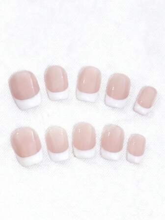 10pcs Minimalist Short Square Nail Stickers, Elegant Nude White French Style, Semi-Transparent Matte Finish, Classic Half-Moon Pattern, Minimalist Sophisticated Design, Suitable For Office And Everyday Nails, Applicable For Workplace, Daily Life, Dates, Perfect Gift For Mature And Professional Women