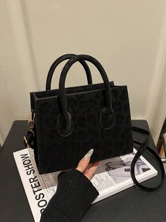 Modern sammetshandväska i leopardmönster i PU-läder, liten fyrkantig axelväska i vintagestil, avslappnad pendlare