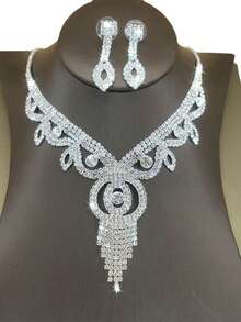 3pcs Fully Rhinestoned Luxury Bridal Jewelry Set - Necklace, Earrings, Suitable For Formal Events - Silver-white - View 3