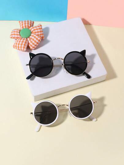 1PC 男女童 9-12 岁金属圆形猫耳儿童时尚眼镜，适合户外和节日活动。