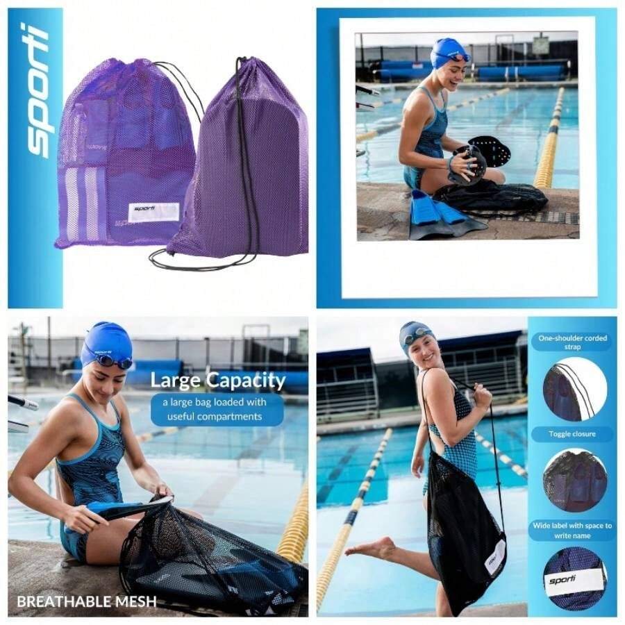 - Bolsas de equipo de natacin, mochila de malla con cordn, bolsa de natacin para nadadores, mochila de malla para playa, gimnasio y equipo de entrenamiento - Púrpura + 1. Bolsa de malla - Ver 1