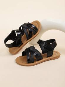 1 Pair Toddler Girls' Glitter Criss-Cross Open Toe Hook And Loop Soft Bottom PU Fashion Cute Durable Non-Slip Children Sandals, Suitable For 3-15 Years Old Boys & Girls, For Home, Party, School, Indoor/Outdoor, Beach, Spring/Summer 2025 New Arrival - Black - View 18