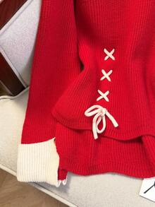 JIANHU 新款春季红色系带拼接针织毛衣女宽松修身百搭圆领长袖上衣，复古保暖休闲宽松春季造型 - 紅色 - 查看 6
