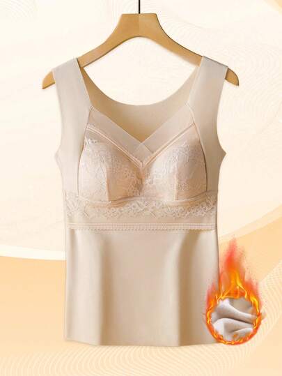 女士保暖背心，新款网眼图案抓绒保暖内衣，舒适固定罩杯聚拢文胸，无钢圈文胸，一体式无袖保暖加热打底衫。