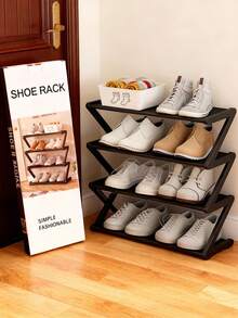 Four-Layer Large Z-Shaped Shoe Rack, Easy To Assemble Without Tools, Pink Plastic Stackable Storage Organizer, Suitable For Home, Dormitory And Living Room, Space-Saving Floor Design, Shoe Storage Organizer