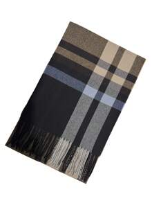 Eșarfă caldă cu ciucuri față-verso în carouri, unisex versatilă, potrivită ca și cadou de ziua de naștere pentru profesori/elevi, încălzitoare de gât lung, casual și elegantă, stil japonez/coreean - negru + gri - Vizualizare 2