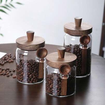 3pcs Glass Coffee Canisters With Lids & Spoons, 15oz, 18.5oz, And 25oz Capacity, Airtight Glass Food Storage Jars, Suitable For Kitchen Countertop, Pantry, Also Can Be Used As Decorative Canisters For Tea, Sugar, Candy, Cute Design
