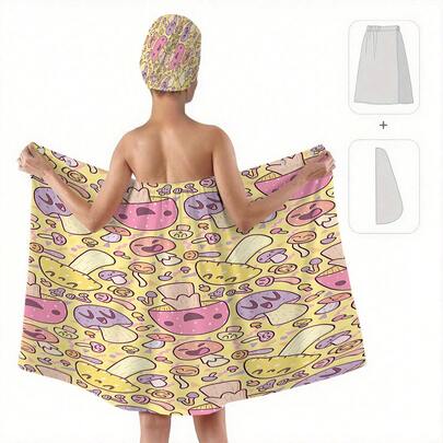 2pcs/Set Modern Colorful Mushroom Print Bathrobe & Hair Turban Set, 100% Polyester, Super Soft, Adult Home Bathrobe And Hair Drying Cap, Suitable For Bathroom, Sauna, SPA And Salon Wrap, Women Robe, Daily Decor